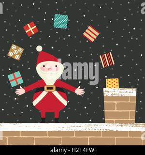 Santa Claus on the rooftop trowing presents in the chimney Stock Vector