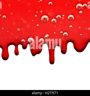 Liquid flows Red, Dripping Blood, Macro Air Bubbles  for the Medical Project or other variants on White Background, Area for Tex Stock Photo