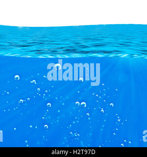 Blue Wave, Water, macro Air Bubbles, Beams, area for text on white background. Conceptual photo. Concept water resources. Stock Photo