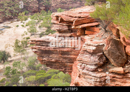 Layered sandstone cliff overhanging above the Murchison River gorge in Kalbarri National Park in Kalbarri,Western Australia. Stock Photo