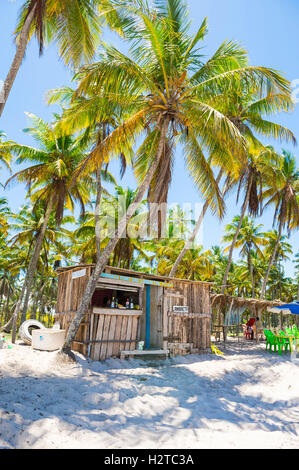 BAHIA, BRAZIL - FEBRUARY 11, 2016: Brazilian beach shack selling tropical drinks stands ready for customers under palm trees. Stock Photo