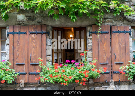 Ivy surrounding a window with shutters flower box, medieval historic village of Yvoire, Haute-Savoie, France Stock Photo