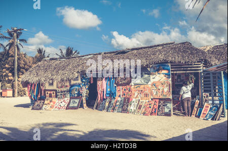 SAONA, DOMINICAN REPUBLIC - NOVEMBER 17, 2014: Colorful caribbean paintings on Saona island, Dominican Republic Stock Photo