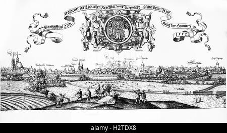 Year 1552, Nuremberg bird's eye view and city Coat of arms Stock Photo