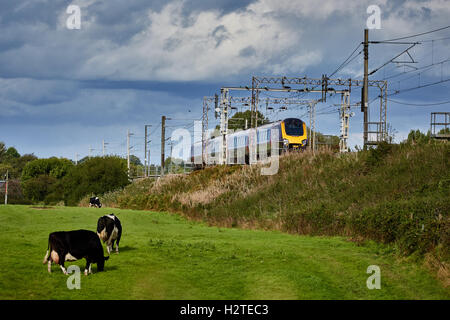 train cross-country voyager service   Adlington Manchester to Macclesfield line Transport transporter transportation transported Stock Photo