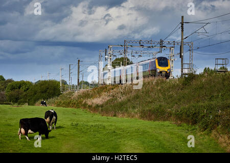 train cross-country voyager service   Adlington Manchester to Macclesfield line Transport transporter transportation transported Stock Photo