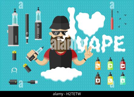 flat illustration of man with vape and vape icons Stock Vector
