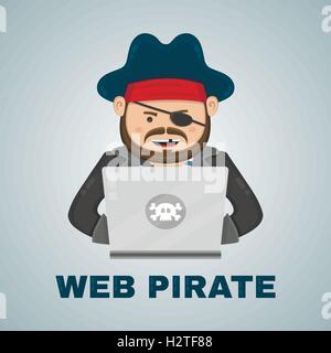 Internet pirate with a laptop computer. vector flat isolated character illustration. web security and download content concept Stock Vector