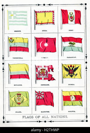 This illustration of national flags dates to 1896. They are, from left to right, top to bottom: Greece, India, Peru, Venezuela, Turkey, Paraguay, Ecuador, Denmark, Russia, Brazil, Hanover, Bolivia. Stock Photo