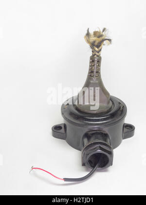 Socket with inserted plug (clipped) and wires sticking out. Vintage electrical appliances. Front view. Broken wire Stock Photo