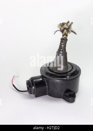 Socket with inserted plug (clipped) and wires sticking out. Vintage electrical appliances. Side view. Broken wire Stock Photo