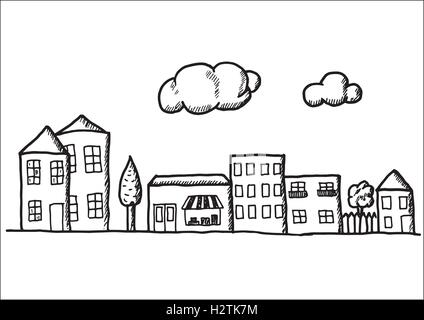 Hand drawn doodle town. Black and white pen objects . Design illustration for poster, flyer . Stock Vector