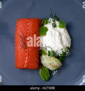 Cured sea trout with horseradish cream, cucumber chutney and micro herbs Stock Photo