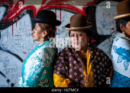 At left Benita la Intocable , and at right Angela la Folclorista, cholitas females wrestlers, El Alto, La Paz, Bolivia Stock Photo