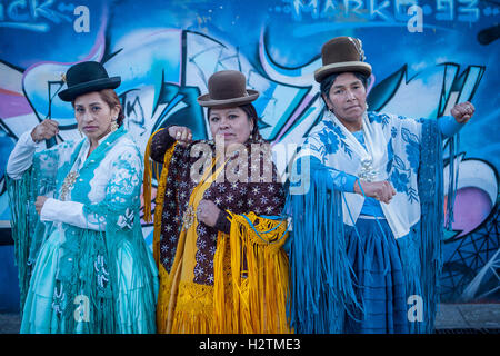 At left Benita la Intocable , in the middle Angela la Folclorista, and at right Dina, cholitas females wrestlers, El Alto, La Pa Stock Photo