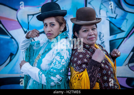 At left Benita la Intocable , and at right Angela la Folclorista, cholitas females wrestlers, El Alto, La Paz, Bolivia Stock Photo