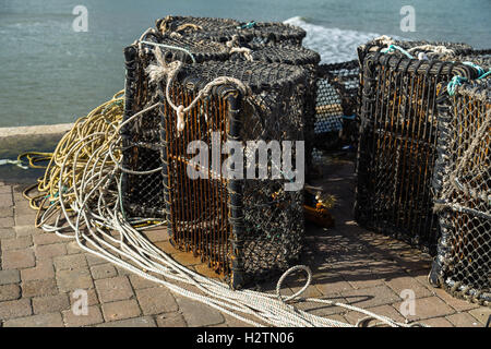 Empty lobster posts lined up on the harbor wall at Tenby in Pembrokeshire Stock Photo