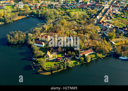 Aerial view, castle Mirow, Johanniter Church to Mirow, Mirow lake with castle island Mirow Müritz Lake District ,, Mecklenburg Stock Photo