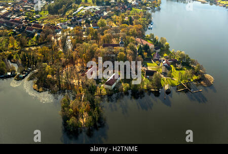 Aerial view, castle Mirow, Johanniter Church to Mirow, Mirow lake with castle island Mirow Müritz Lake District ,, Mecklenburg Stock Photo