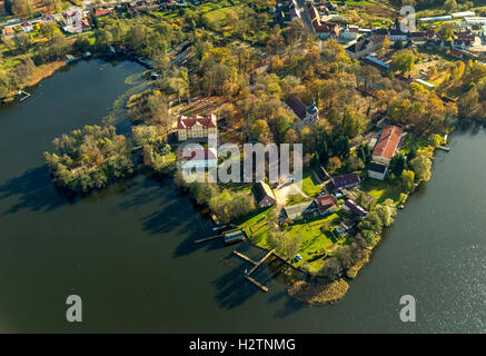 Aerial view, castle Mirow, Johanniter Church to Mirow, Mirow lake with castle island Mirow Müritz Lake District ,, Mecklenburg Stock Photo