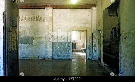 Dachau, Germany - View of the nazi concentration camp memorial, permanent exhibition at the maintenance building,camp interiors Stock Photo