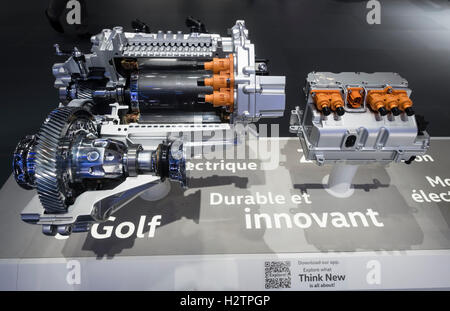 Detail of Volkswagen electric motor used in e-Golf Touch at Paris Motor Show 2016 Stock Photo
