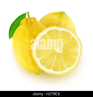 Isolated lemons. Two lemon fruits and a slice isolated on white background with clipping path Stock Photo