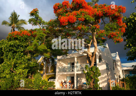 Houses in front of the beach at Trou aux Biches, public beach, Mauritius Stock Photo