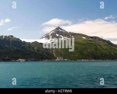 A view of Whittier, Alaska from the Alaska Maritime Highway ferry. Stock Photo