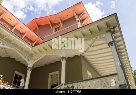 Veranda of the Asa Packer Mansion. The detailed woodwork of the eves and veranda roof of this venerable house in Mauch Chunk Stock Photo