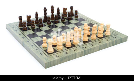 side view chess board with chess pieces on white Stock Photo