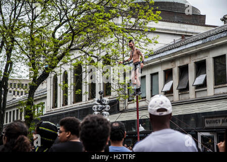 Street performer in famous Quincy Market, Boston Stock Photo