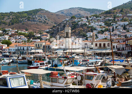 HYDRA, GREECE - AUGUST 29, 2016: Boats at town Hydra on Hydra island in Greece. Hydra is one of the Saronic Islands of Greece. Stock Photo