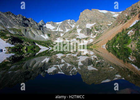 Lake Isabelle Colorado beautiful mountain landscape reflection with blue sky Stock Photo