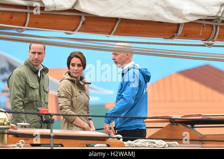 The Duke and Duchess of Cambridge on the tall ship, Pacific Grace, before sailing with members of the Sail and Life Training Society, at Victoria Inner Harbour in Victoria during the Royal Tour of Canada. Stock Photo