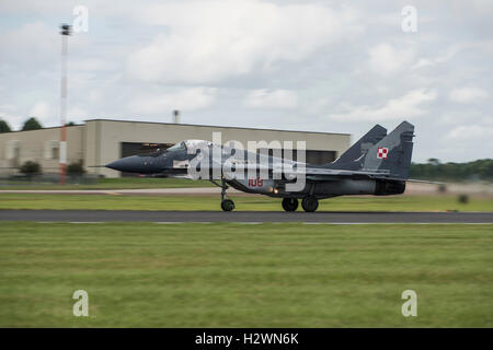 Mikoyan MiG-29A Fulcrum twin engine military jet fighter  from the Polish Air Force takes off to display at the 2016 RIAT Stock Photo