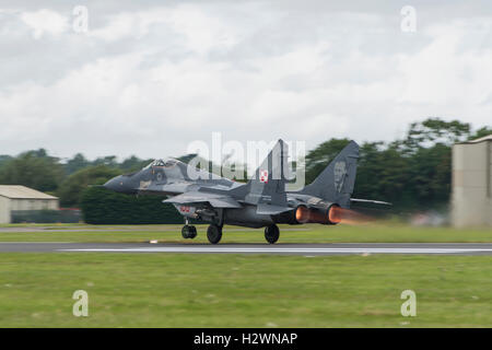 Mikoyan MiG-29A Fulcrum twin engine military jet fighter  from the Polish Air Force takes off to display at the 2016 Stock Photo