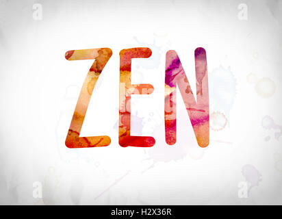 The word 'Zen' written in watercolor washes over a white paper background concept and theme. Stock Photo