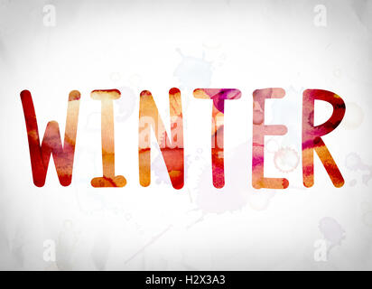 The word 'Winter' written in watercolor washes over a white paper background concept and theme. Stock Photo