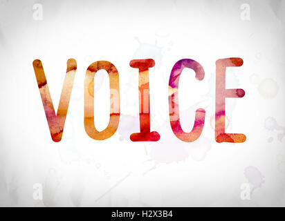 The word 'Voice' written in watercolor washes over a white paper background concept and theme. Stock Photo