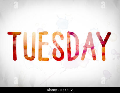 The word 'Tuesday' written in watercolor washes over a white paper background concept and theme. Stock Photo