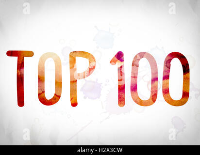 The word 'Top 100' written in watercolor washes over a white paper background concept and theme. Stock Photo