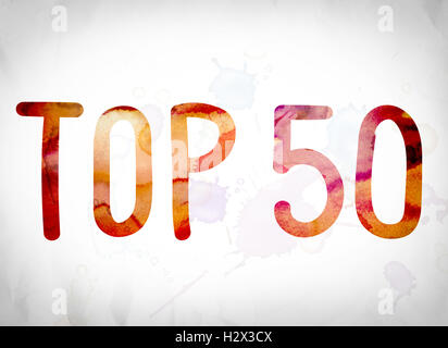 The word 'Top 50' written in watercolor washes over a white paper background concept and theme. Stock Photo