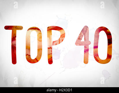 The word 'Top 40' written in watercolor washes over a white paper background concept and theme. Stock Photo