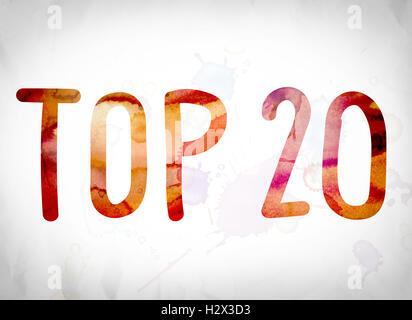 The word 'Top 20' written in watercolor washes over a white paper background concept and theme. Stock Photo