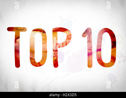 The word 'Top 10' written in watercolor washes over a white paper background concept and theme. Stock Photo