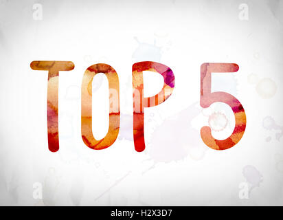 The word 'Top 5' written in watercolor washes over a white paper background concept and theme. Stock Photo