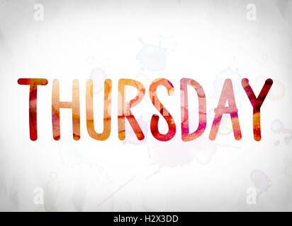 The word 'Thursday' written in watercolor washes over a white paper background concept and theme. Stock Photo