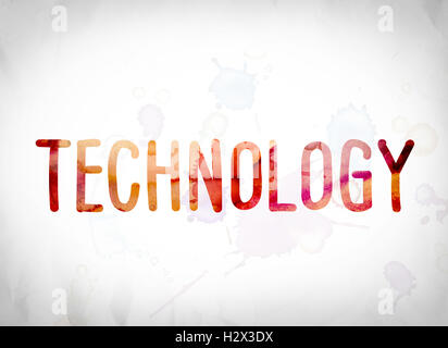 The word 'Technology' written in watercolor washes over a white paper background concept and theme. Stock Photo