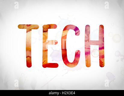 The word 'Tech' written in watercolor washes over a white paper background concept and theme. Stock Photo